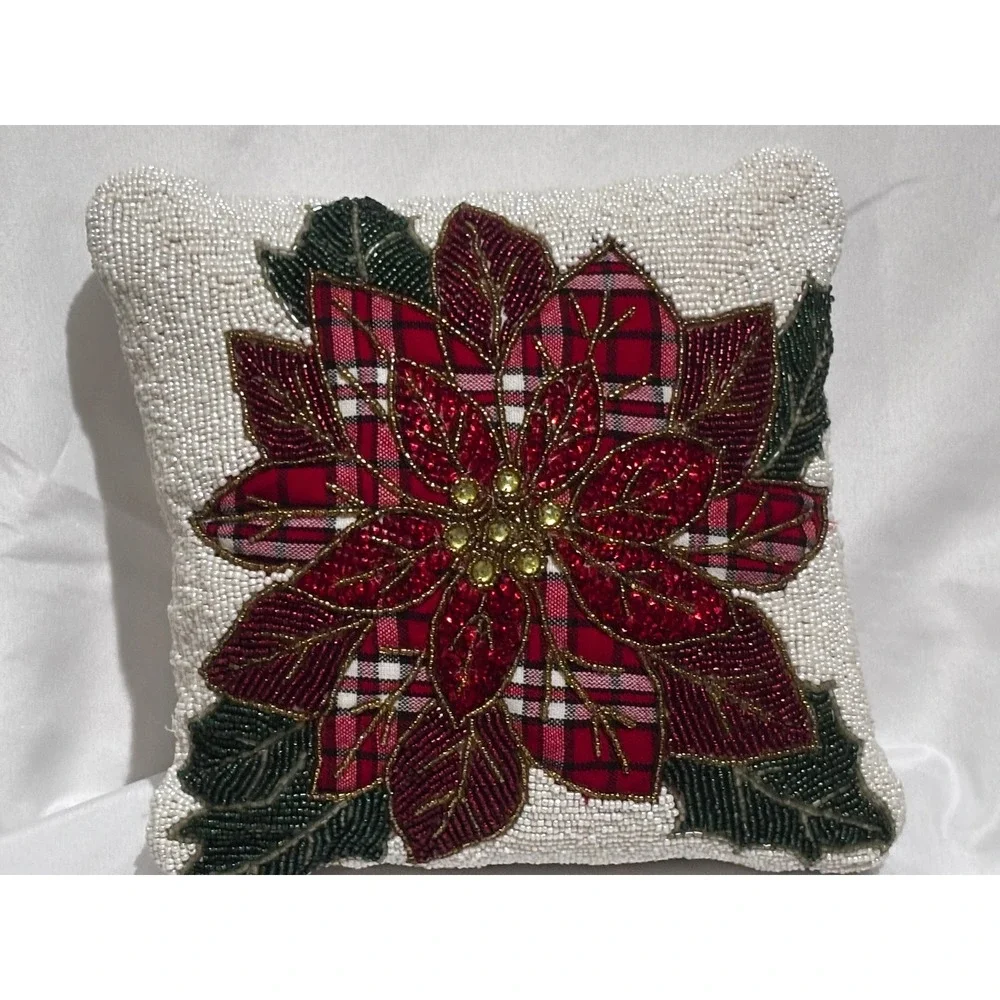 Beaded Poinsettia Plaid Christmas Decor Pillow Red Green Ivory 11